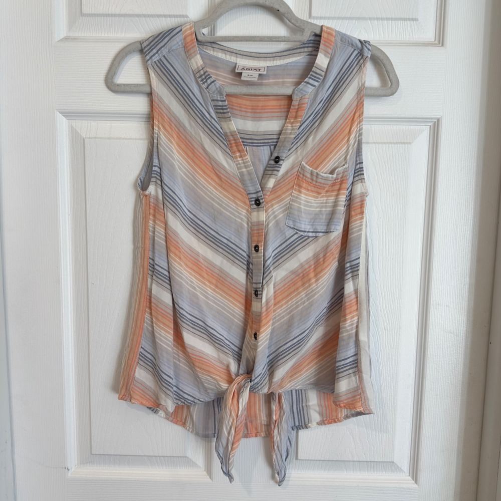 Ariat Womens Striped Tie Front Sleeveless Button Down Blouse Orange Blue Small